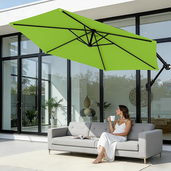 AreShark 10FT Patio Outdoor Umbrella, Offset Patio Umbrella Cantilever Umbrella, 6 Sturdy Ribs, Easy Adjustment for Garden Market Pool with Cross Base (Apple Green)