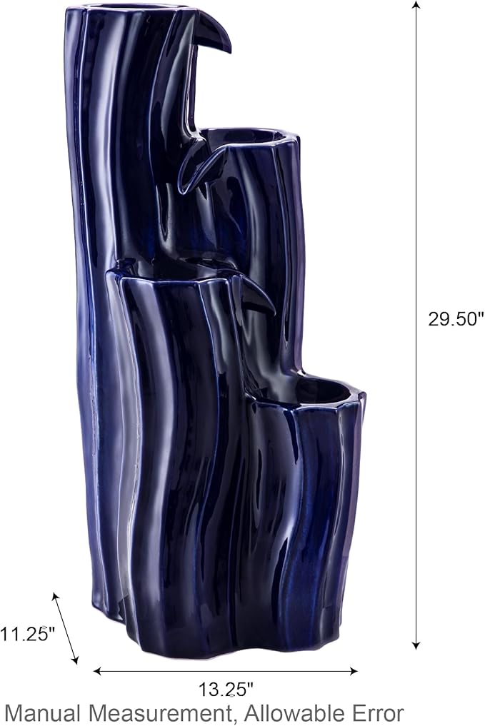 Glitzhome 29.5" H 4-Tier Outdoor Water Fountain,Cobalt Blue Wavy Texture Ceramic Outdoor Fountain with LED Lights,Pump & Adapter,Cascading Waterfall Freestanding Fountains for Garden Porch
