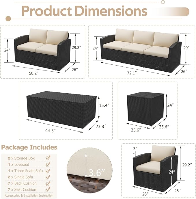 AECOJOY 7 Pieces Patio Furniture Set with Two Storage Boxes&Patio Set Cover, Outdoor Rattan Conversation Set，All-Weather PE Wicker Sectional Sofa Outdoor Furniture, Black Rattan& Beige Cushions