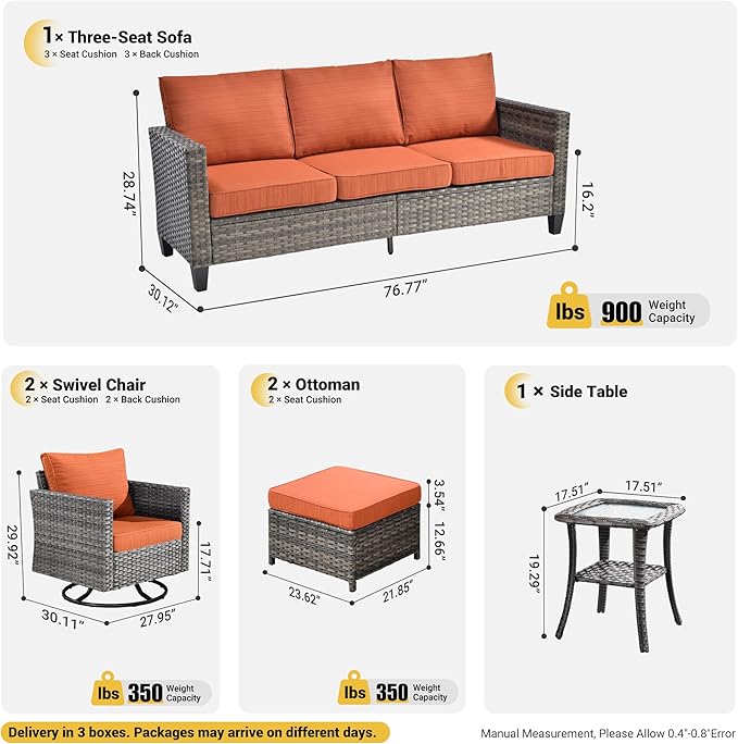 ovios 6 Pieces Patio Furniture Set, Outdoor Wicker Sofa Couch with Swivel Chairs, Rocking Glider Rocker with Comfy Cushions All Weather Rattan Conversation Set, Orange Red