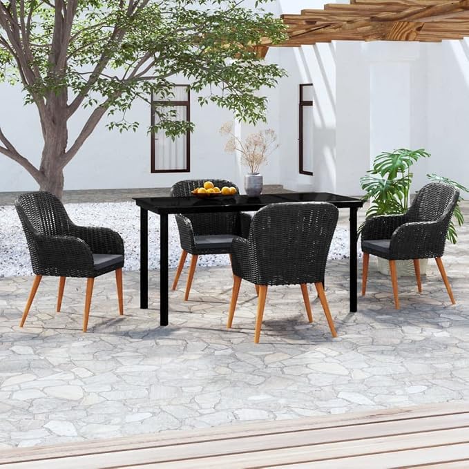 5 Piece Patio Dining Set with Cushions Black Outdoor Rattan Table and Chairs for Garden Deck Backyard Porch Dining Relaxing, Powder-Coated Steel Frame Tempered Glass Top