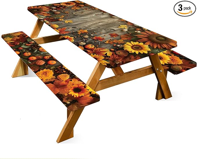 ANNA QUEEN Autumn Harvest Picnic Table Cover Set, 6FT Rustic Fall 3PCS 72"x30" Waterproof Tablecloth with Bench Covers for Camping Thanksgiving & Outdoor Events
