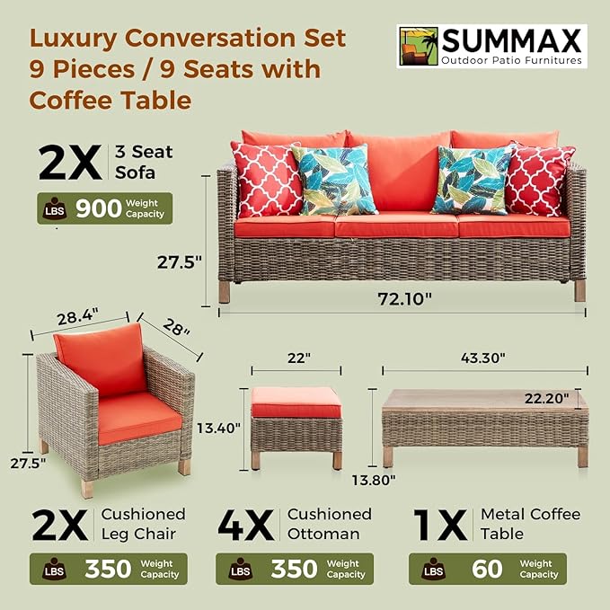 9 Pieces Patio Furniture Sets All Weather Reinforced Wicker Rattan Sectional Sofa with Metal Top Coffee Table Outdoor Furniture Conversation Set for Porch, Poolside, Garden, Backyard, Red