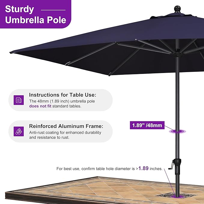 PURPLE LEAF 10' x 8' Rectangle Patio Market Umbrella with Base Outdoor Table Umbrellas Aluminum Frame Sun Shade with 8 Sturdy Ribs for Garden Deck Lawn Pool Navy Blue