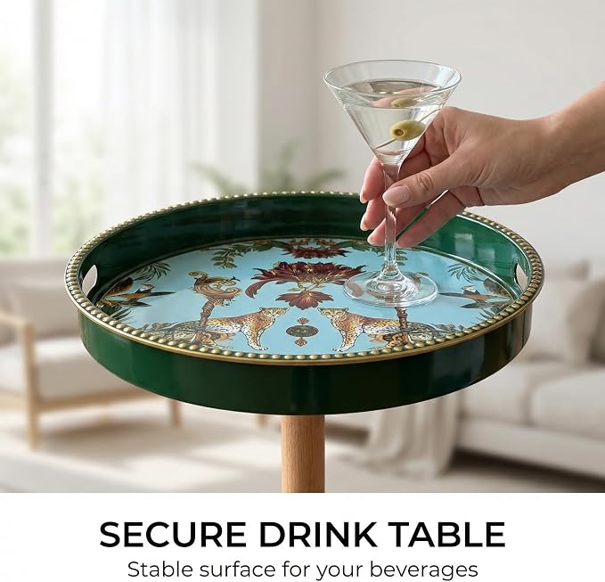 Gesodant Boho Single Leg Round Side Table with Tray Top, Pedestal Drink Table for Small Spaces, Aesthetic Accent Nightstand for Living Room, Bedroom, Corners, and Office (Yellow Leg Leopard)