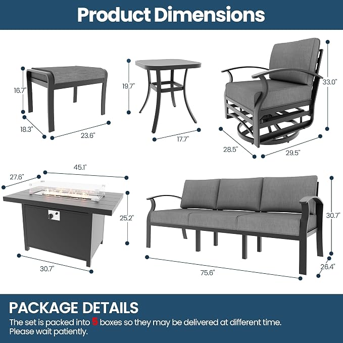 Aluminum Outdoor Patio Furniture Set,5 Seats Patio Conversation Sets with 45" Propane Fire Pit Table 2 Ottomans,Metal Furniture Set with 2 Swivel Rocking Chairs,Grey