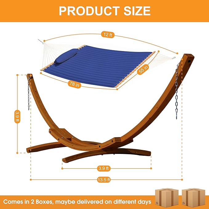 Lazy Daze Hammocks 12 FT Double Quilted Fabric Hammock and 13 FT Brown Wood Arc Stand, with Spreader Bar, Removable Pillow, 2 Person Hammock for Poolside Outdoor Patio, 450 lbs Capacity, Navy Blue