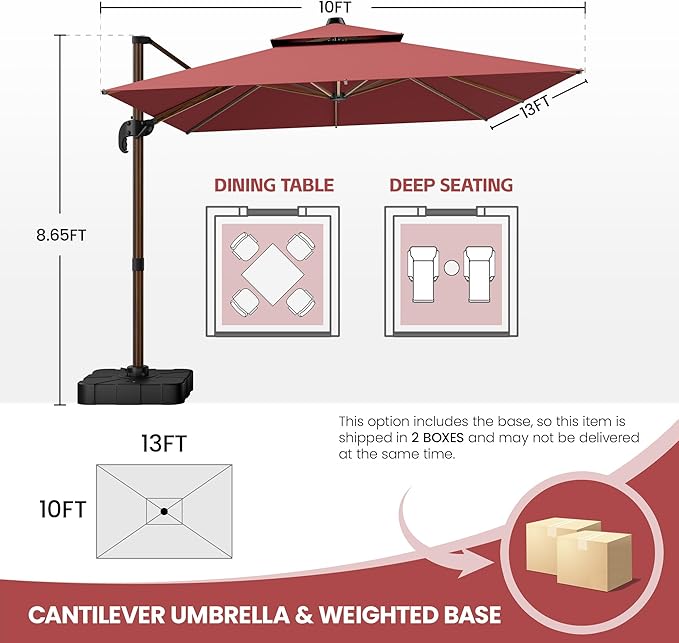 GENTEACO 10x13FT Rectangle Cantilever Patio Umbrella w/Base Included, Deluxe Wood Pattern Pole & 7 Angle Tilts, 360° Rotation, Offset Hanging Market Umbrellas for Garden Pool Patio, Red