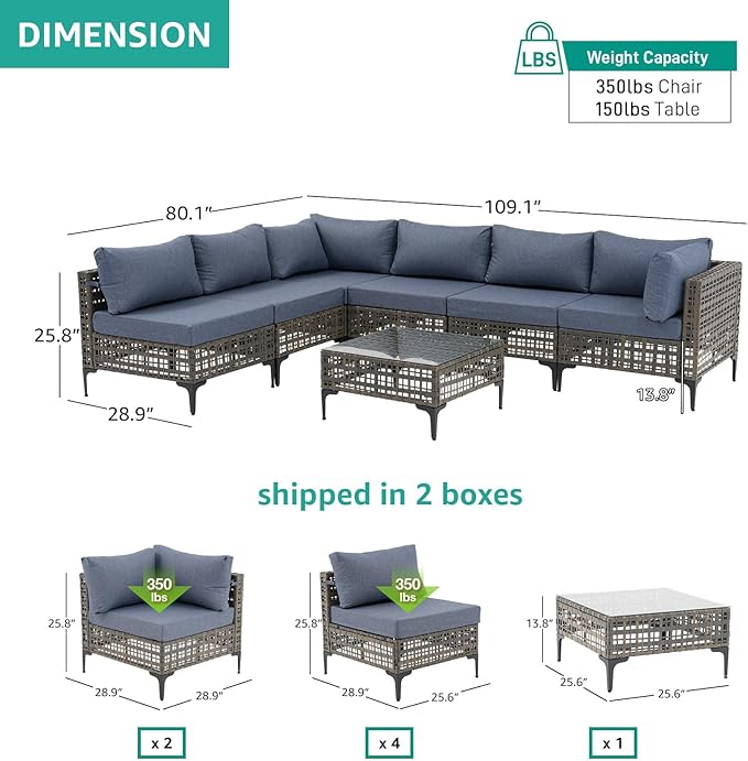Patiorama 7 Piece Wicker Patio Furniture Set, Metal-Colored PE Rattan Outdoor Sofa Set Patio Sectional with Water Resistant Cushion and Coffee Table, Outdoor Couch, Porch, Backyard-Denim Blue