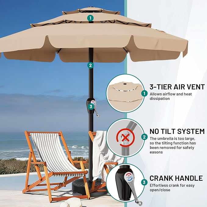 AreShark 12FT 3-Tiers Patio Umbrella with Valance, Outdoor with Crank, Large Outdoor Market Umbrellas Vented with 8 Sturdy Ribs, Patio Table Umbrellas for Garden, Deck, Backyard, Pool, Beige