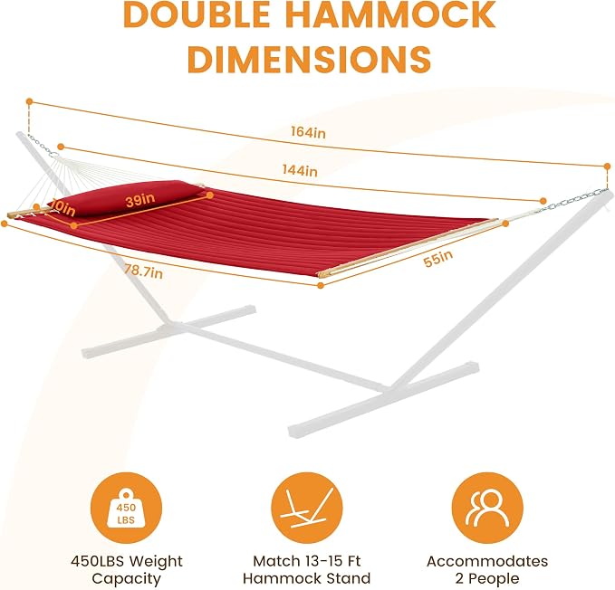 Lazy Daze Hammocks 12 FT Double Quilted Fabric Hammock with Spreader Bar and Detachable Pillow, 2 Person Hammock, 450lbs Weight Capacity, Burgundy