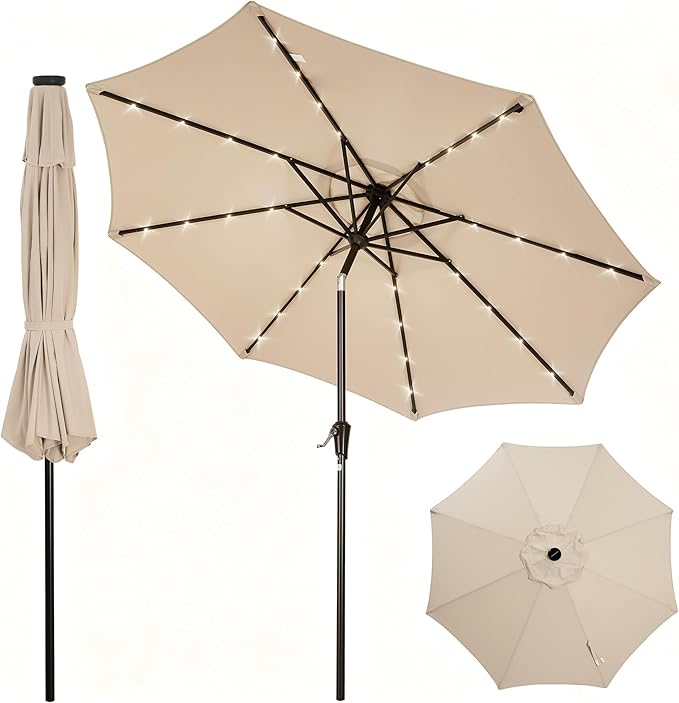 Garvee 9FT Patio Umbrella with 32 Solar LED Lights, Outdoor Table Market Umbrella with Tilt and Crank, 8 Sturdy Iron Ribs Sun Shade for Garden, Deck, Backyard and Pool, Beige
