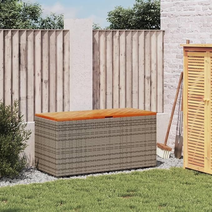 Patio Storage Container for Backyard, Porch, Garden, Patio Storage Box, Outside Deck Box, Garden Storage Box, Gray 43.3"x19.7"x21.3" Poly Rattan Acacia Wood,-742