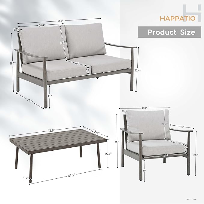 HAPPATIO Patio Outdoor Furniture Set - 4 Piece Aluminum Patio Conversation Set with 1 Coffee Table, 2 Armchairs and 1 Loveseat, Aluminum Outdoor Furniture Set for Backyard Deck Poolside (Grey)