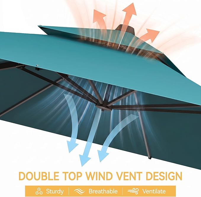 10x10 FT Patio Cantilever Umbrella (Base Not Included) (Base Not Included), Rectangular Heavy Duty Offset Umbrella for 6-8 People, 360°Rotation & Mult Tilt, Double Top Design, for Pool Garden Deck (Turquoise)