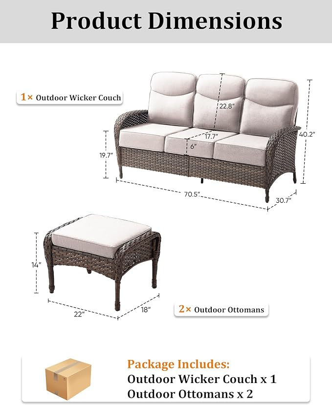 3-Piece Luxury Patio Furniture Sofa Set with 6-Inch Thick Cushions– Outdoor Wicker Conversation Set with Covered Couch, Multifunctional Ottoman & All-Weather Seating for Backyard, Porch, Garden Beige