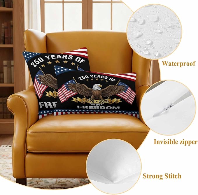 250 Years Anniversary Outdoor Waterproof Throw Pillow Covers 20x20 Set of 2, American Flag Eagle Independence Day Decor Pillowcases Cushion Pillowcase for Couch Sofa Patio Outside Pillow Protector