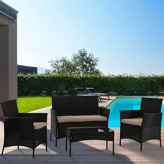 HCY Patio Furniture Set,4 Pieces Outdoor Couch Patio Dining Conversation Set,Rattan Chairs Wicker Sofa with Tempered Glass Table for Porch,Backyard,Lawn,Pool(Black)