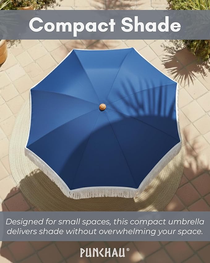 6 Ft Fringe Patio Umbrella - Outdoor Umbrella for Patio, Pool, Table, Garden, Deck, Beach, and Outdoors - Fashionable Boho Vintage Tassels & Wood Print - Push Button Tilt Pole