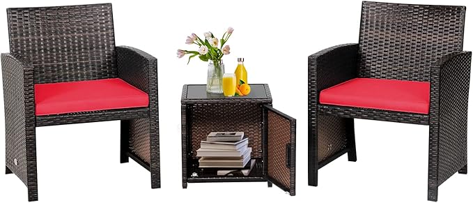 Tangkula 3 Pieces Outdoor Wicker Conversation Set with Waterproof Cover, 2 Patio PE Rattan Cushioned Chairs with Side Storage Table, Suitable for Front Porch, Balcony, Garden, Poolside and Yard (Red)