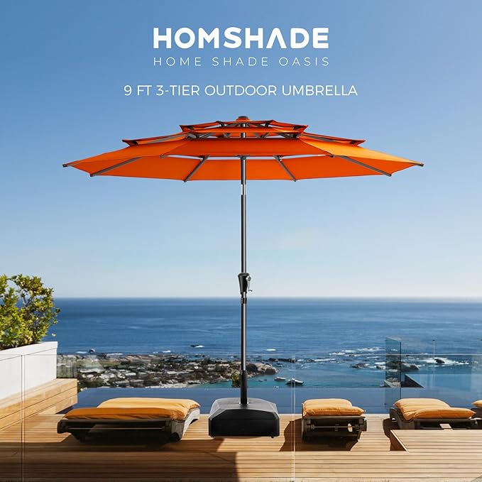 HOMSHADE 9FT 3-Tiers Outdoor Patio Umbrella with 5-Year Fade Resistant,Vented Outdoor Commercial Market Umbrella with UPF50+ UV Protection & Push Button Tilt and Crank for Pool,Backyard(Orange)