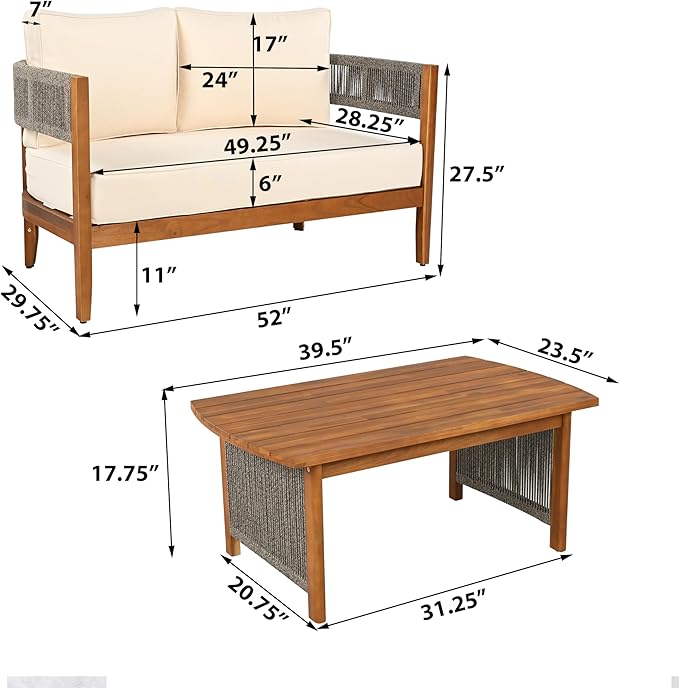 Christopher Knight Home Quixley Outdoor Acacia Wood Loveseat and Coffee Table Set with Cushions, Wooden Patio Conversation Set with 2 Seater Couch+Coffee Table, Chat Set for Balcony Garden, Teak+Beige