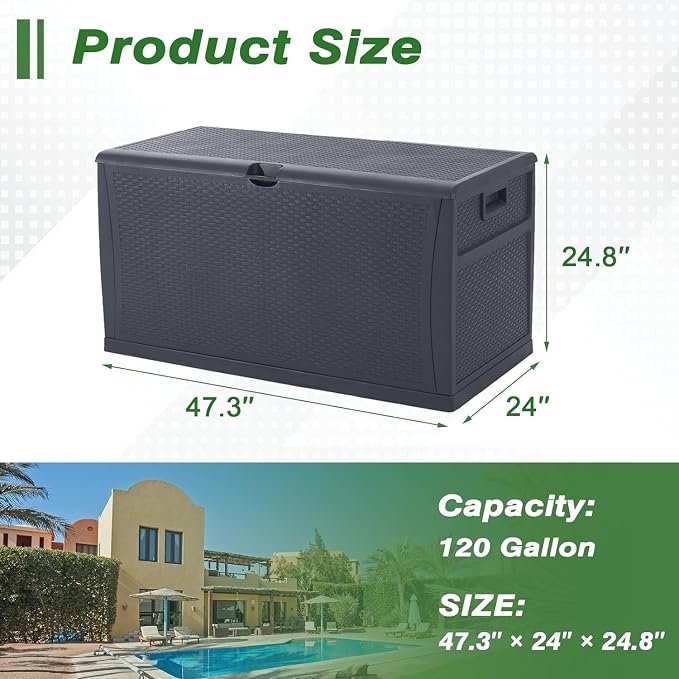 120 Gallon Resin Wicker Patio Storage Box, Outdoor Storage Container Deck Box and Gar, Grey