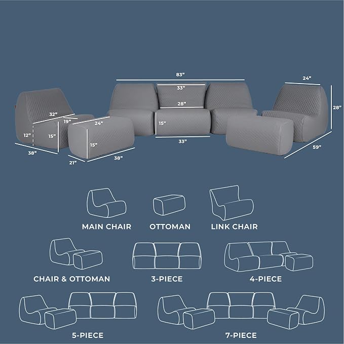 Big Joe Solvana Outdoor Sectional, 7 Piece Patio Furniture Set, Weather-Resistant Cool Touch Silicone Stitched Leather Sofa, Moonlit Gray