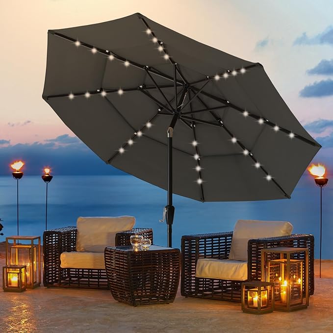 ABCCANOPY Solar Led Patio Umbrellas 3-Tiers 11FT (Dark Gray)