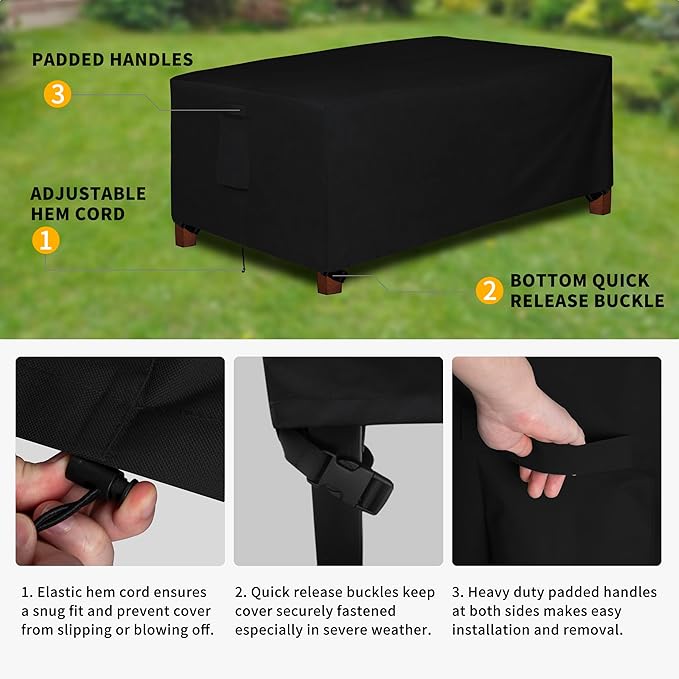Easy-Going 600D Heavy Duty Rectangular Table Cover UV Resistant and Waterproof Outdoor Lawn Patio Furniture Cover (72" Lx44 Wx23 H, Black)