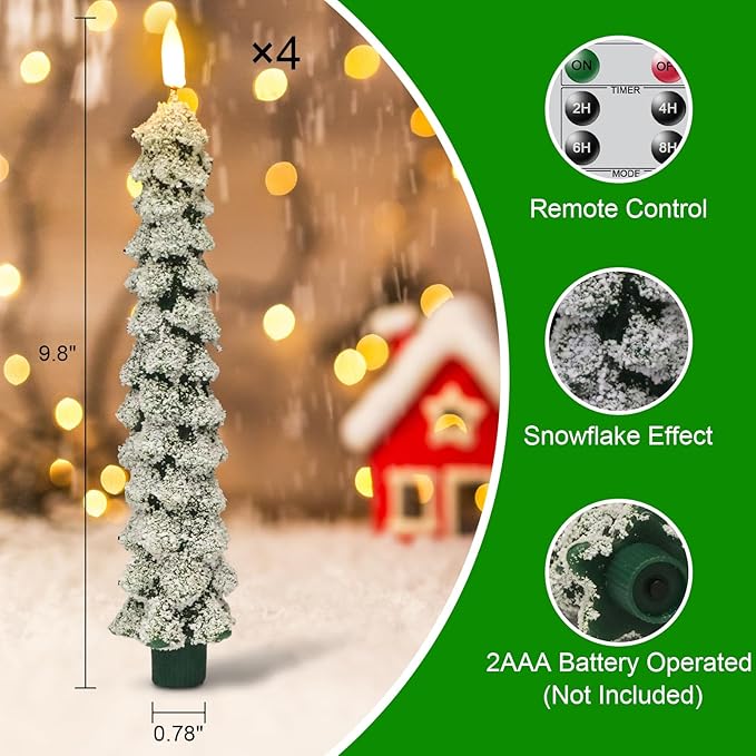 DRomance Christmas Tree Flameless Taper Candles with Remote Timer Battery Operated Flickering LED Candlesticks Real Wax Snowflake Glitters Holiday Indoor Decor(4 Pack, 0.78" D x 9.8" H)