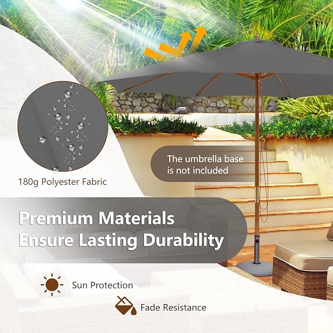 HAPPYGRILL 10 FT Wooden Patio Umbrella with Rope Pulley Lift, 8 Bamboo Ribs, 3 Adjustable Heights, Vented Roof, Outdoor Table Umbrella for Garden Poolside Backyard (Grey)