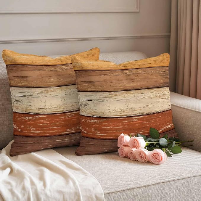 Farmhouse Burnt Orange Brown Outdoor Waterproof Pillow Covers, Vintage Wooden Striped Decorative Square Throw Pillowcase Sofa Cushion Sham for Patio/Couch/Chair, 26"x26" 2 Pack