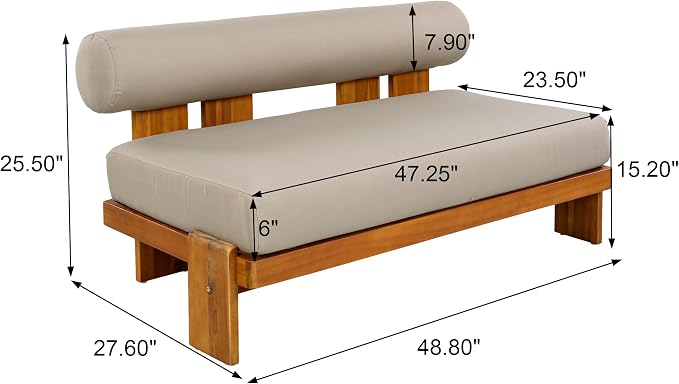 Christopher Knight Home Phobo Acacia Wood Outdoor Loveseat and Coffee Table Set, 2 Piece Patio Furniture Set with Cushion, Outdoor Conversation Set with Slatted Design for Backyard, Teak + Light Brown