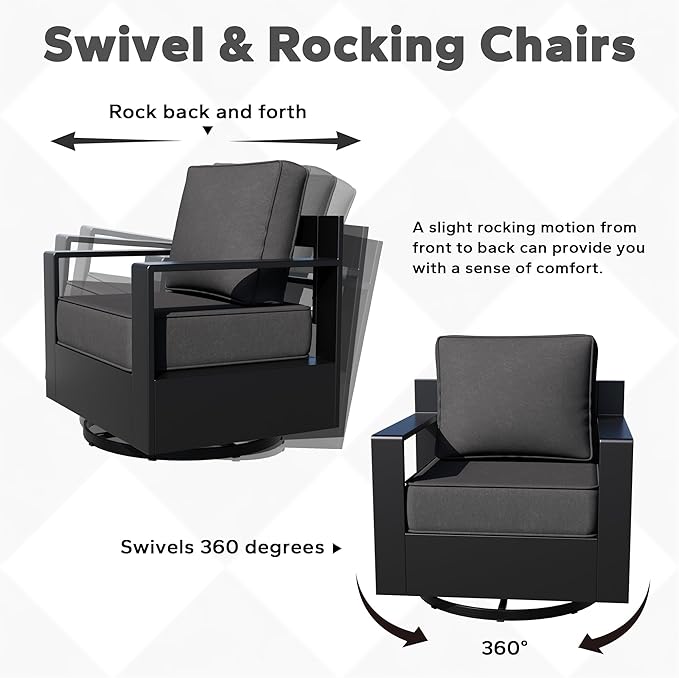 Aluminum Patio Swivel Chair - Outdoor Swivel Rocking Chair with 6" Thick Removable Cushions, All-Weather Metal Frame, Deep Setting for Garden, Poolside and Porch