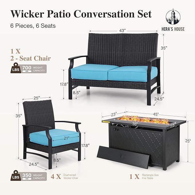 HERA'S HOUSE 6 Piece Furniture Set, 45" Fire Pit Table,4 x Wicker Chair and 2-Seat Lover Sofa, Outdoor Conversation Set for Lawn Garden Backyard