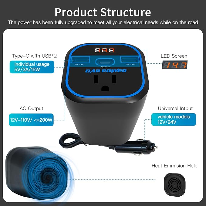 FAMIDGE 200W Car Power Inverter, car Outlet Adapter 12v to 110v, Car Outlet Adapter with Dual USB and Type-C, car Adapter for Plug Outlet, Laptop, CPAP, 2025 New Upgrated Overload Protection, Blue