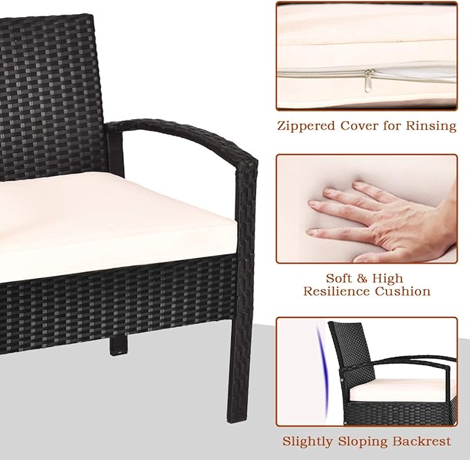 Tangkula 3 Piece Patio Wicker Conversation Set, Outdoor Rattan Furniture with Washable Thick Cushion & Coffee Table w/Storage Space, Patio Furniture Set for Backyard Porch Garden Poolside (White)