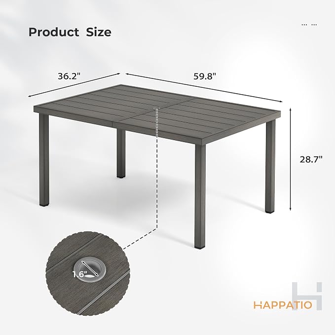 HAPPATIO Outdoor Dining Table for 6, 60" Rectangular Aluminum Patio Tabletop with Umbrella Hole, Rustproof Aluminum Frame for Poolside Lawn Garden