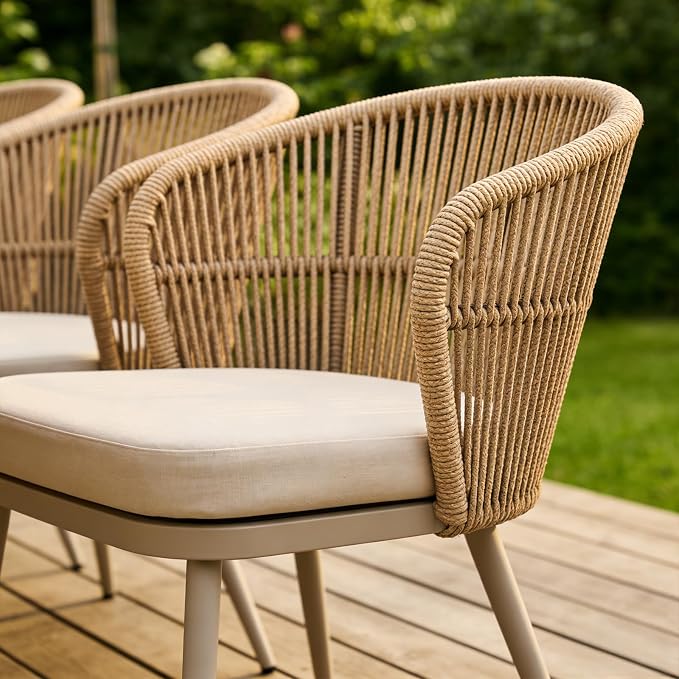 SUNSITT 7 Piece Outdoor Patio Dining Set, 65" - 107" Metal Expandable Outdoor Dining Table with X-Shape Legs, 6 Woven Wicker Outdoor Patio Chairs w/Removable Cushions for Garden, Beige