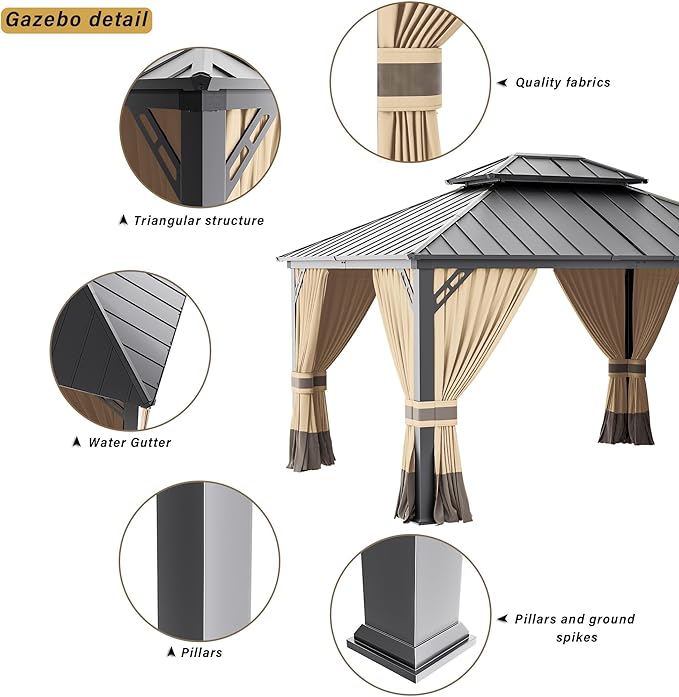 12' x 14' Hardtop Gazebo,Outdoor Permanent Pavilion Double Galvanized Steel Roof Pergola with Nettings and Curtains,Patio Sunshade Gazebos for Patio Lawns Backyard Deck,Brown