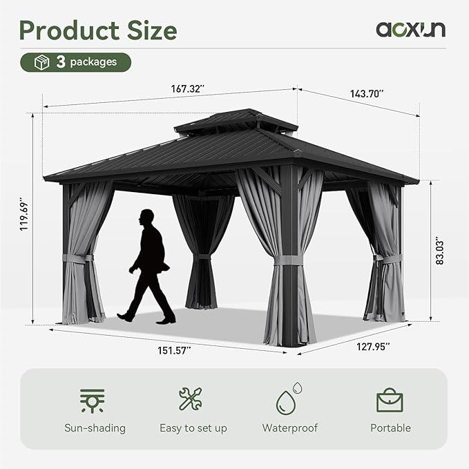Aoxun 12x14 Hardtop Gazebo, Aluminum Frame Outdoor Gazebo with Double Galvanized Steel Roof, Large Patio Pavilion with Netting and Curtains, Backyard Gazebo for Patio Deck Garden