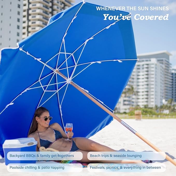 7.5FT Heavy Duty Beach Umbrella with Air Vent, Wood-Look Pole, Carry Bag, UPF50+ Superior Sun Protection, Blue Version