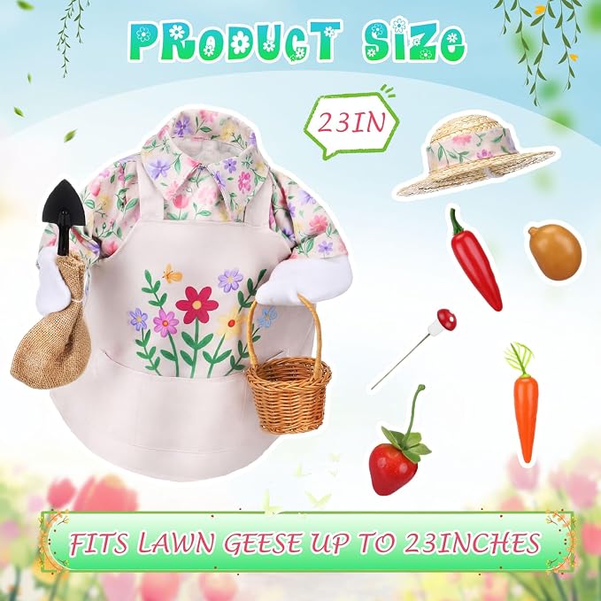 Floral Garden Porch Goose Outfits 23 Inch Geese Statue Costume with Hat Basket Shovel Goose Clothes for Spring Outdoor Garden Lawn Patio Decor