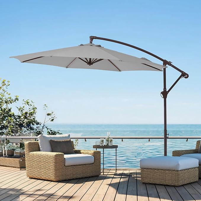 10FT Patio Umbrella, Outdoor Offset Cantilever Umbrella with Sturdy 8 Ribs and Reinforced Base, Easy Tilt Adjustment for Backyard Pool Garden,Light Gray