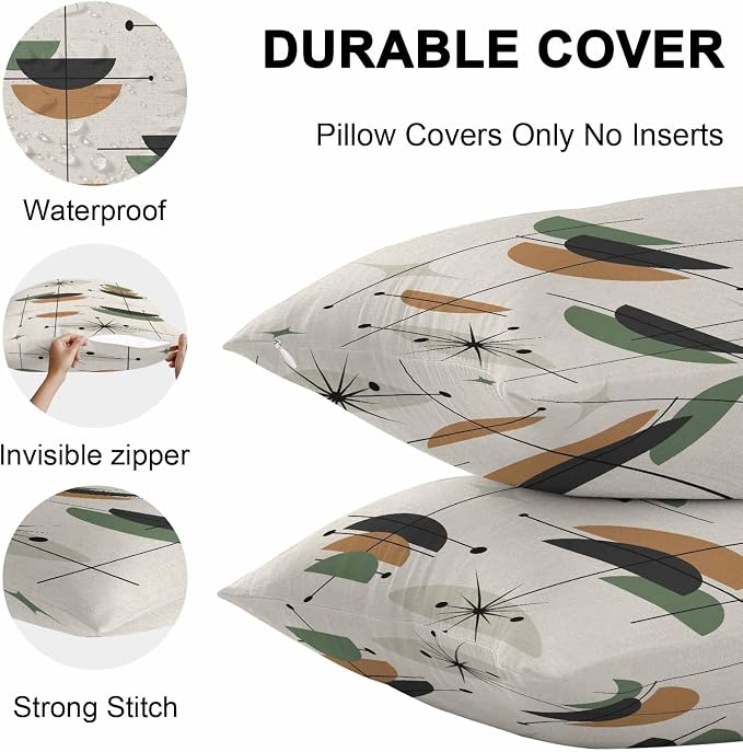 Vandarllin Outdoor Throw Pillows Covers 26x26 inch Set of 2 Waterproof Boho Mid Century Decorative Zippered Cushion Covers for Patio Furniture, Green Orange Geometric Abstract Lumbar Pillowcases