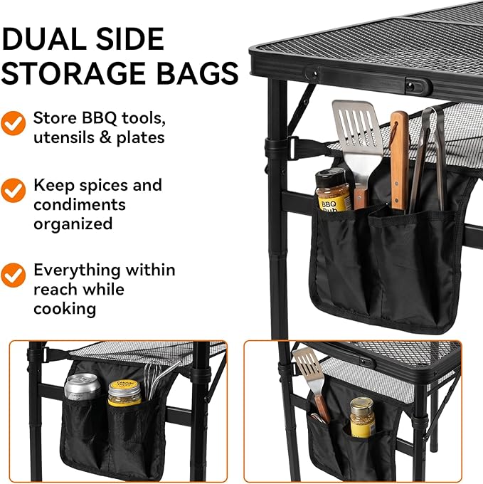 3Ft Foldable Grill Table for Camping, Portable Metal Mesh BBQTable with Dual Side Storage Bags, Lightweight Folding Outdoor Cooking Table for Picnic, RV Travel, Beach & Backyard BBQ