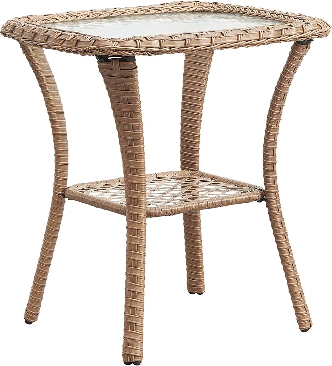 Small Outdoor Side Table - 50 LBS Weight Capacity Wicker Side Table with Storage, Tempered Glass Top Patio Side Table for Porch Balcony Deck Garden - Yellow