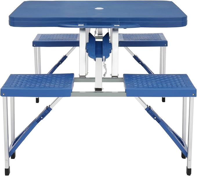 Picnic Table,Folding Picnic Table with Umbrella Hole, Aluminum Suitcase Portable Outdoor Table with Bench, Patio, Porch or Camping Table and Chair Set (Blue, Plastic PS Thickened)