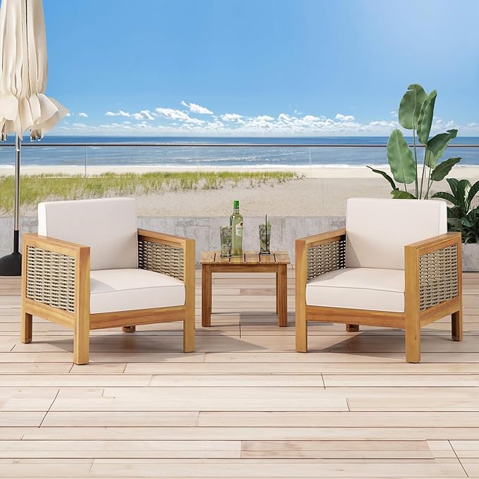 Merax Outdoor Patio Club Chairs,Set of 2,Acacia Wood Frame Conversation Set with Wicker Accents for Porch,Casual Style